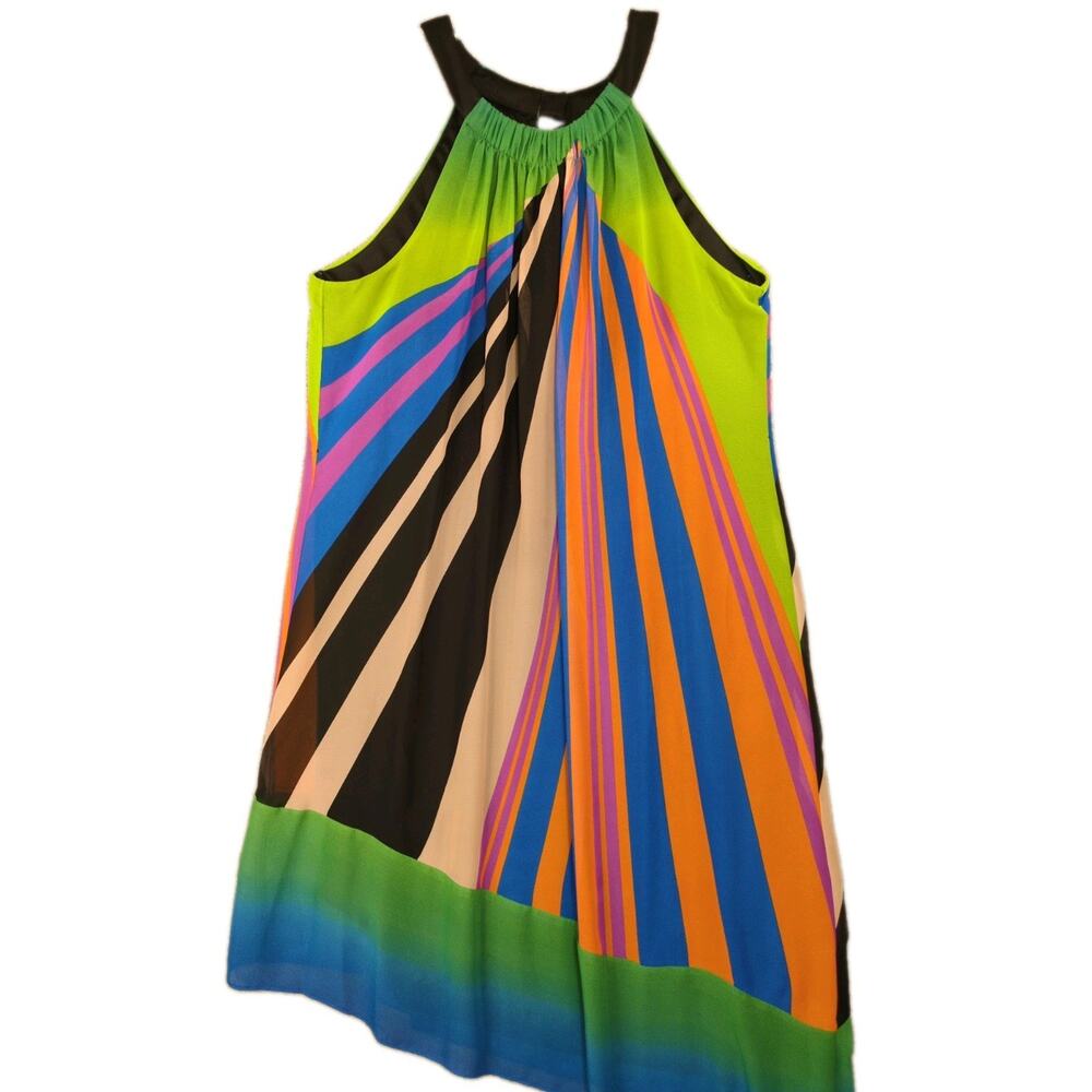 Adrianna Papell Women's Halter Dress Asymmetrical Hem Multicolor Stripes 16